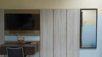 Desk, laptop workspace, free WiFi, bed sheets