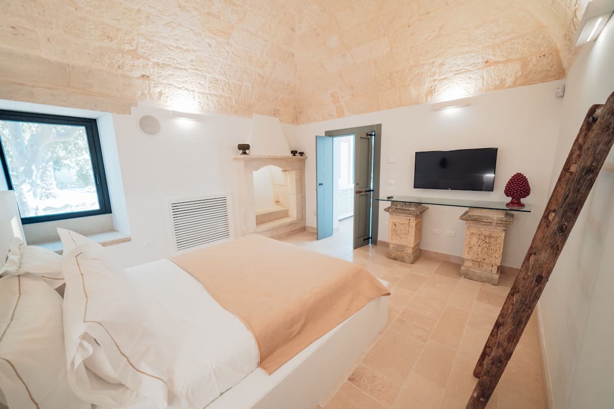 Un dormitorio con cama, televisión, chimenea de piedra y ventana.