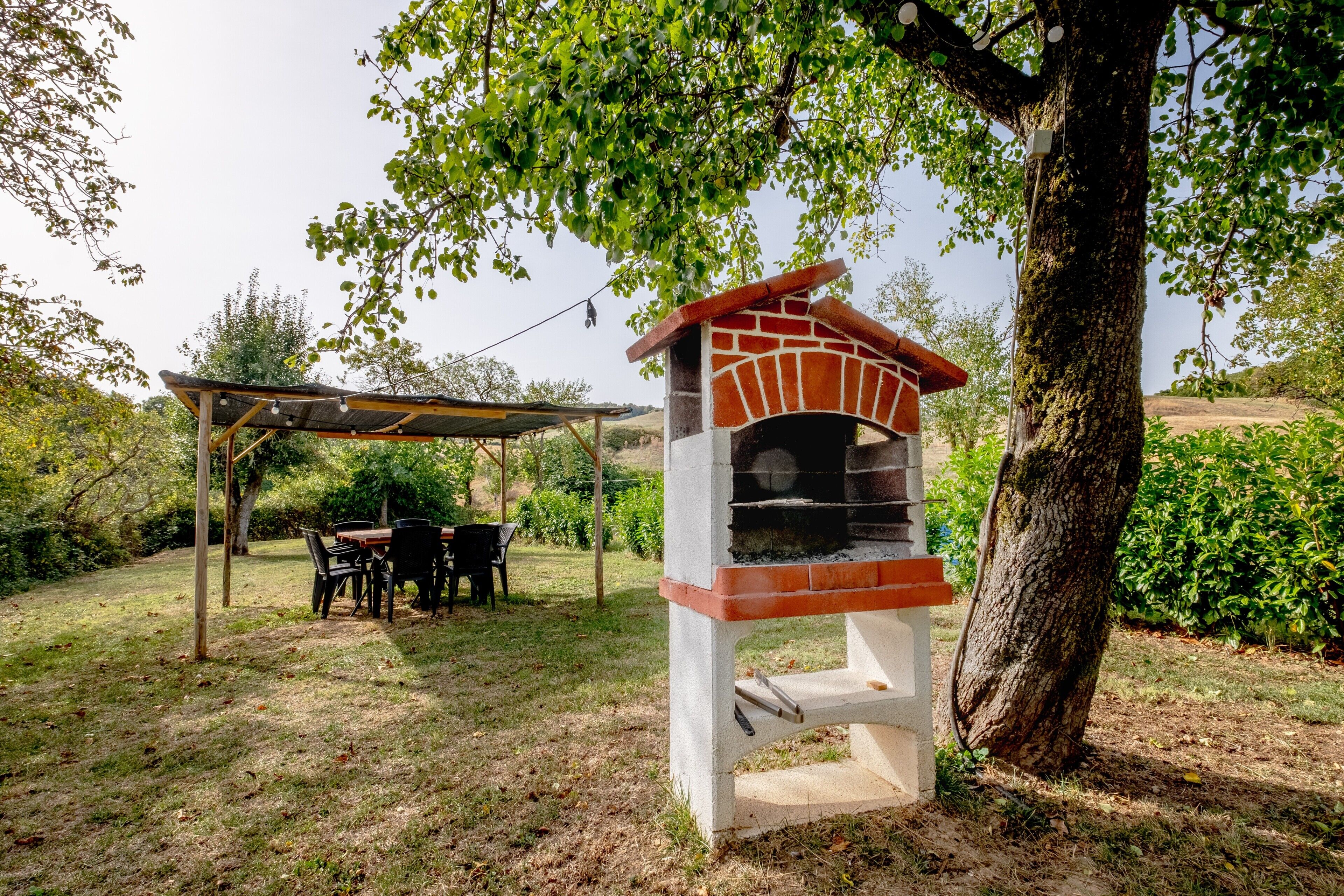 An outdoor patio with a brick oven, a covered seating area, and a large tree.