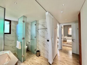 Hair dryer, bidet, towels, soap