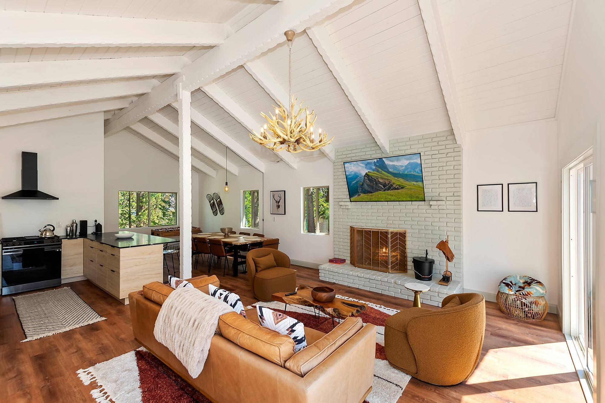 TV, fireplace, foosball