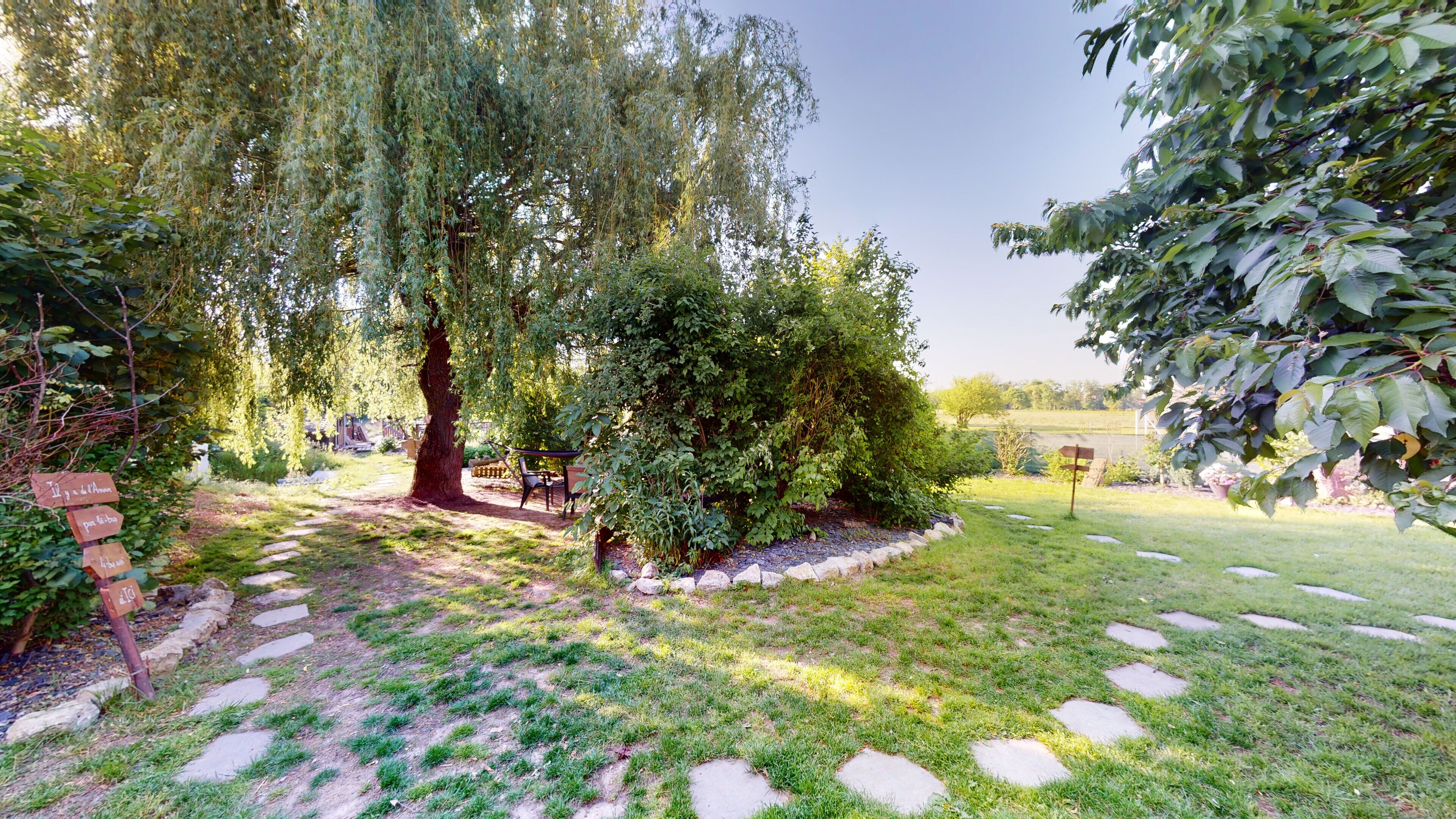 Un giardino con un vialetto in pietra, una panchina e un albero grande.