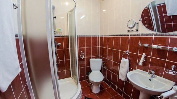 Een badkamer met douche, toilet, wastafel en spiegel.