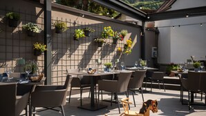 An outdoor dining area with multiple tables and chairs, potted plants on a wall, and a rocking horse. - Nepomuk (Vipiteno)