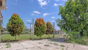 Un espace extérieur aménagé avec une surface pavée, des arbres et, au fond, un champ d’herbe.