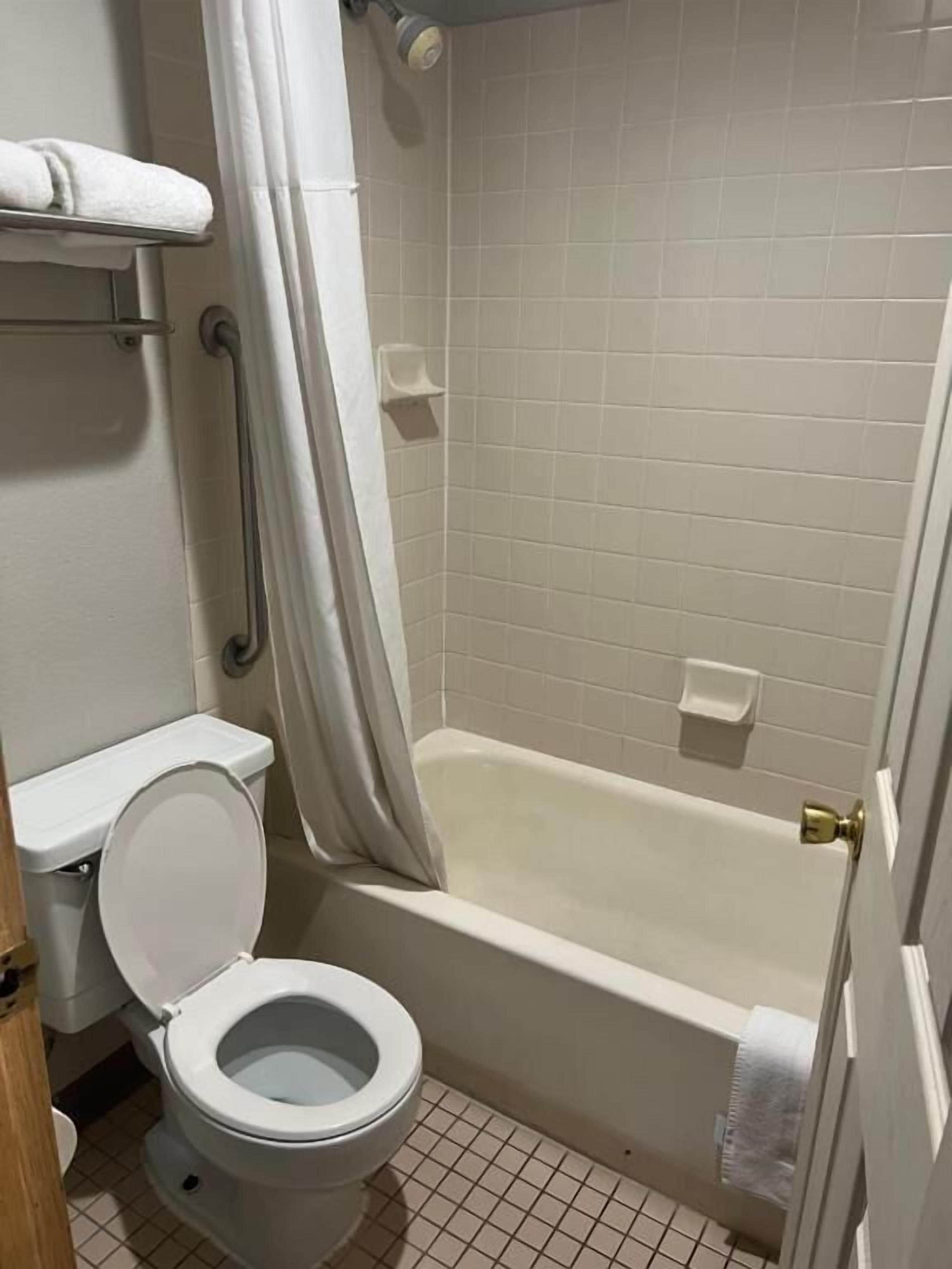 Ein Badezimmer mit Toilette, Badewanne und Duschvorhang.