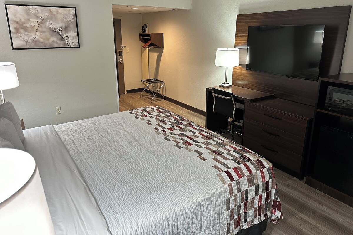 Una camera d'albergo con un letto, una scrivania, una sedia, una televisione e una lampada.