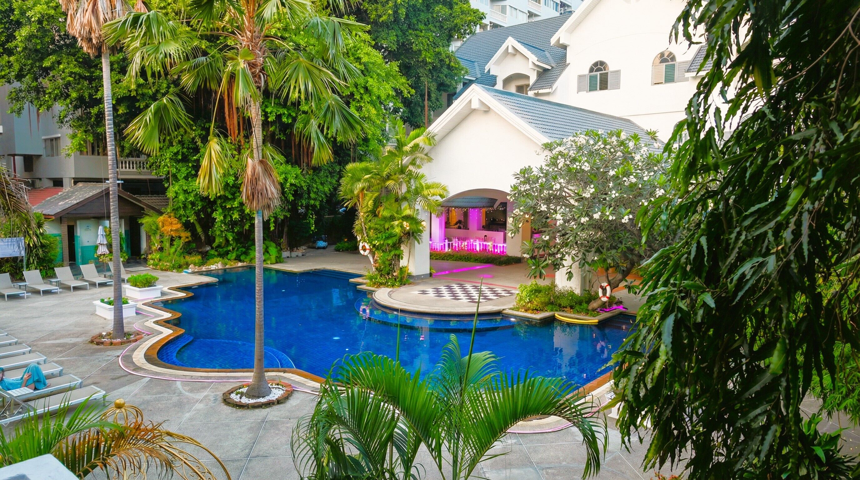 2 indoor pools, open 8:00 AM to 9:00 PM, pool umbrellas, pool loungers