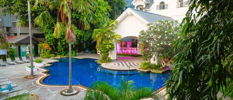 2 indoor pools, open 8:00 AM to 9:00 PM, pool umbrellas, pool loungers