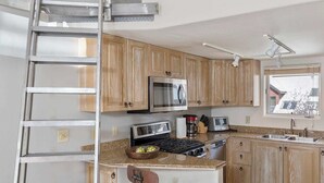 A kitchen with wooden cabinets, stainless steel appliances, a microwave, a stove, a sink, and a window. - Awesome Views; Ski In/Out & lift is 100 steps from the Door (Telluride)