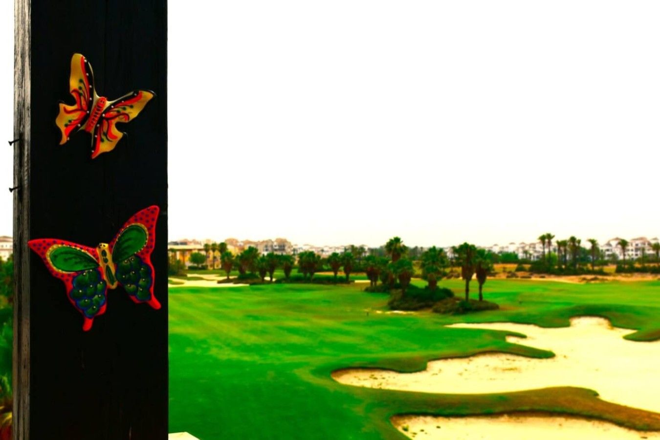 A golf course with sand bunkers and a view of a cityscape in the distance.