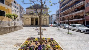 Un patio con un árbol central, rodeado de coloridas parterres y edificios con balcones a ambos lados.