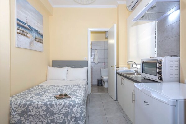 A compact room with a bed, a kitchenette, and a bathroom.