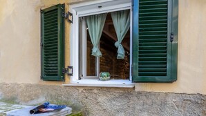 Una finestra con persiane verdi, un piccolo davanzale e una ciotola con verdure sul davanzale.