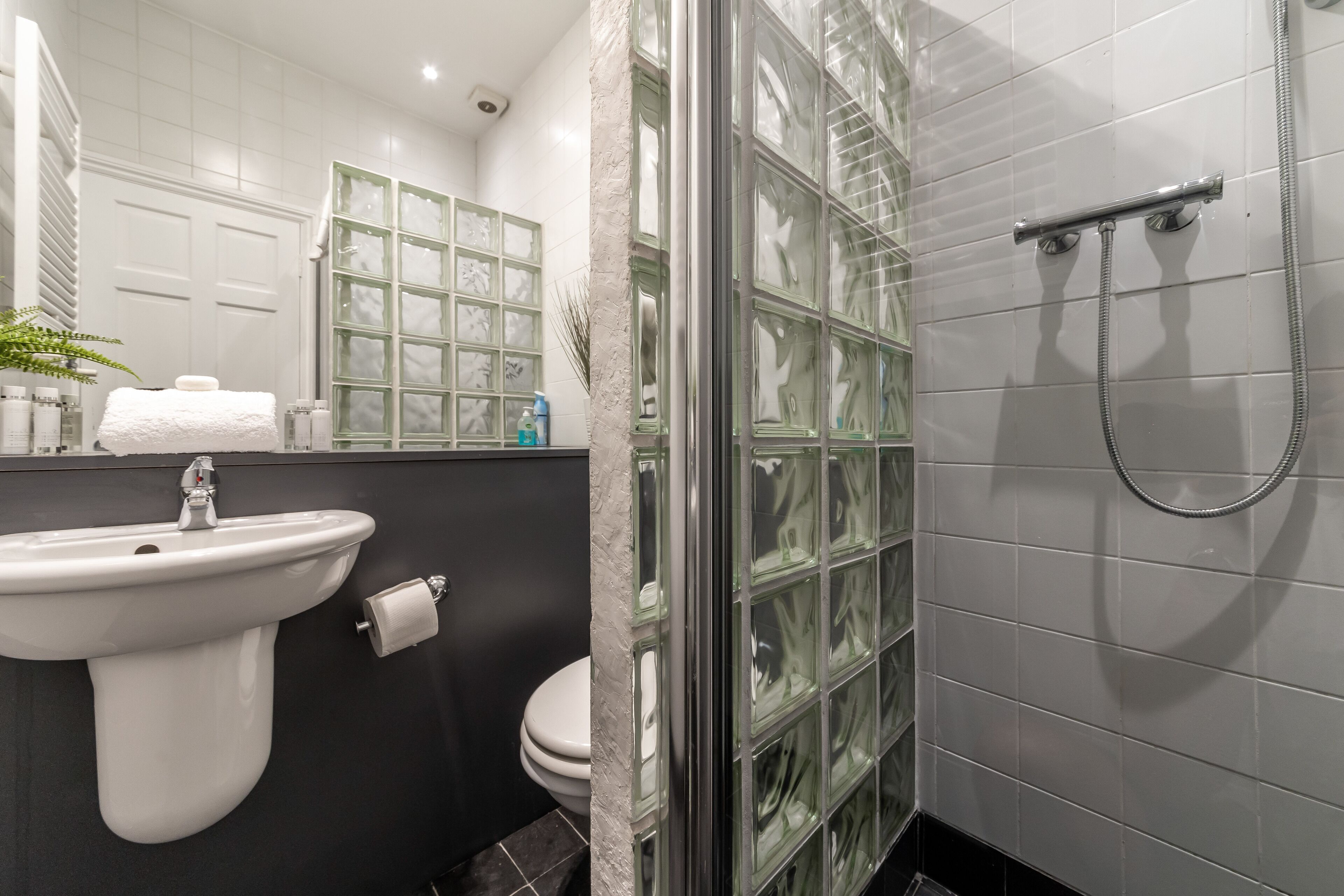 A bathroom with a glass shower enclosure, a sink, a toilet, and a mirror.