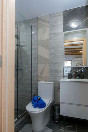 Shower, hair dryer, towels