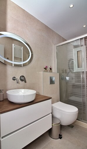 Shower, hair dryer, towels