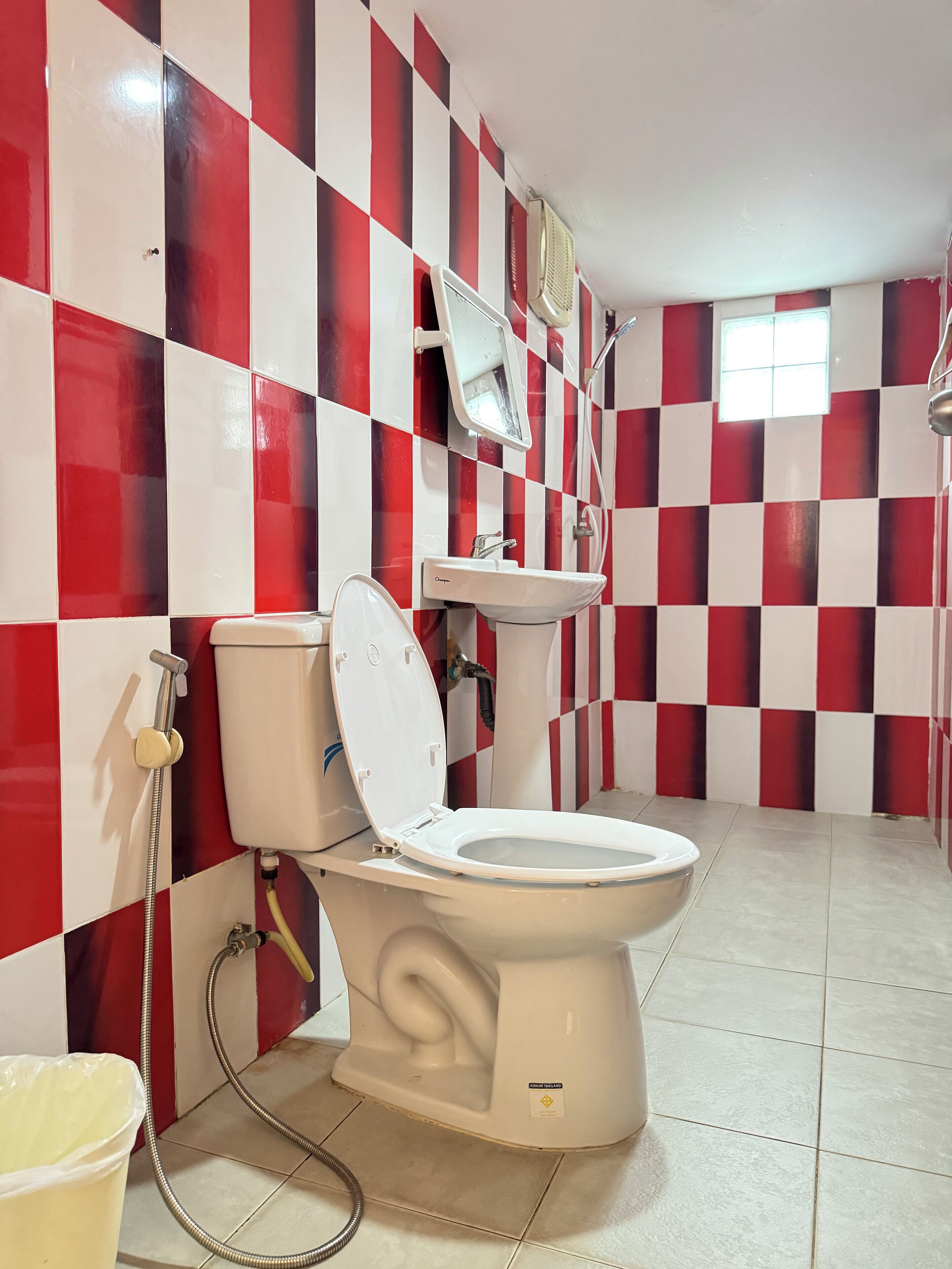 A bathroom with a red and white checkered wall pattern, a white toilet, a sink, and a shower.