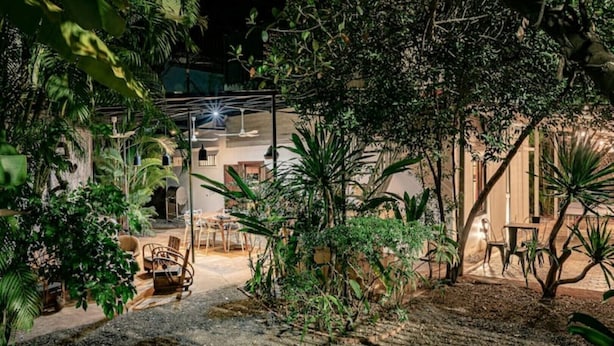 Een buitentuin met tafels en stoelen, omgeven door weelderige begroeiing en planten.