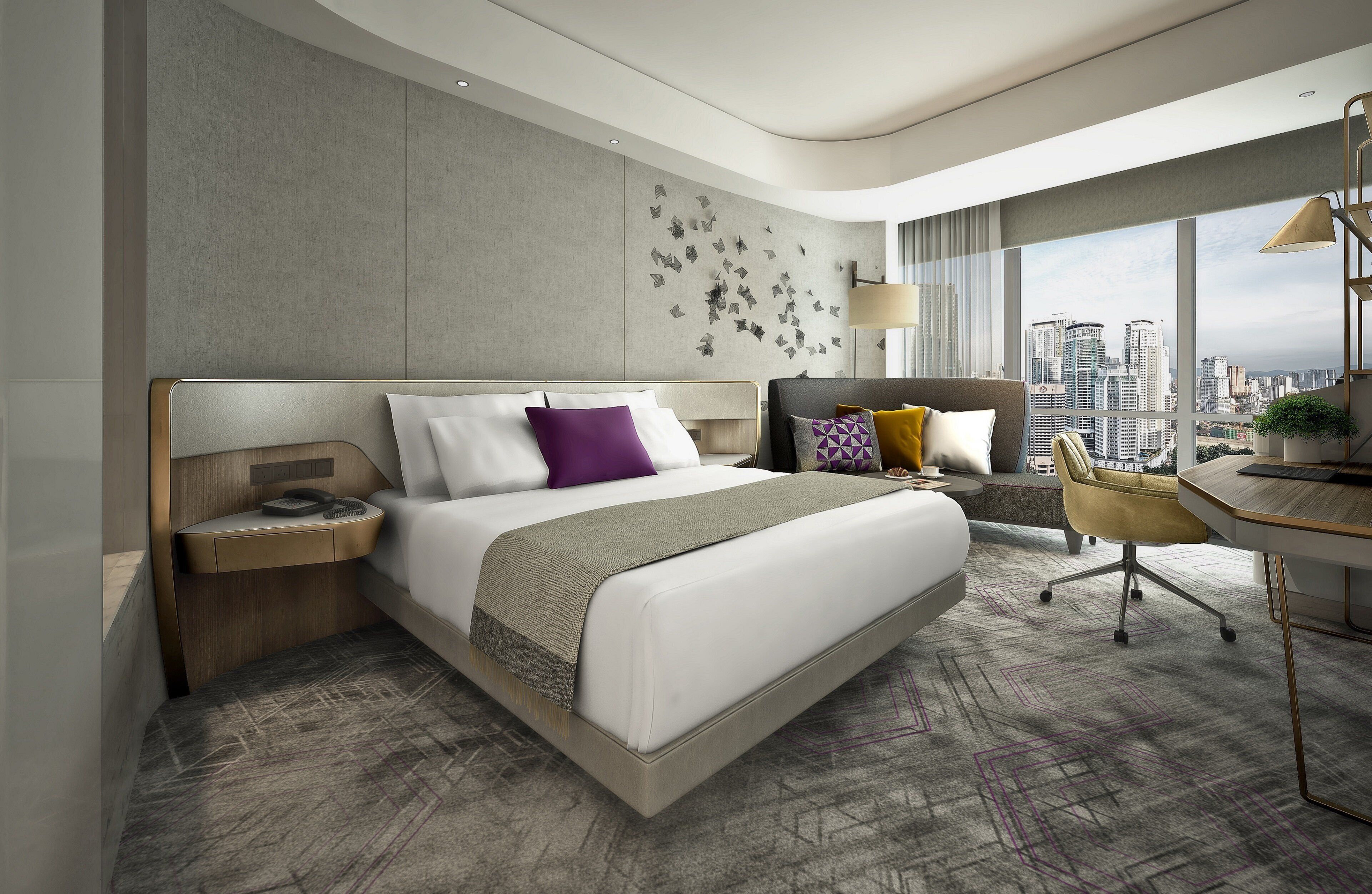 A modern hotel room with a large bed, a desk, and a view of the city skyline.