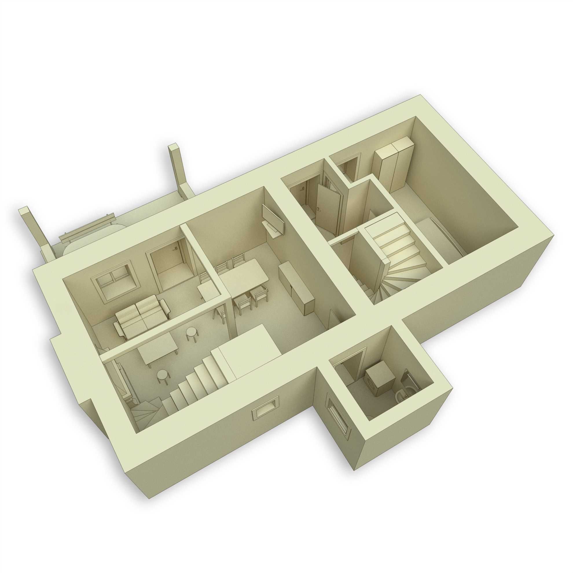 A 3D floor plan of a building with multiple rooms, including a kitchen, dining area, and a staircase leading to an upper floor.