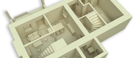 A 3D floor plan of a building with multiple rooms, including a kitchen, dining area, and a staircase leading to an upper floor.
