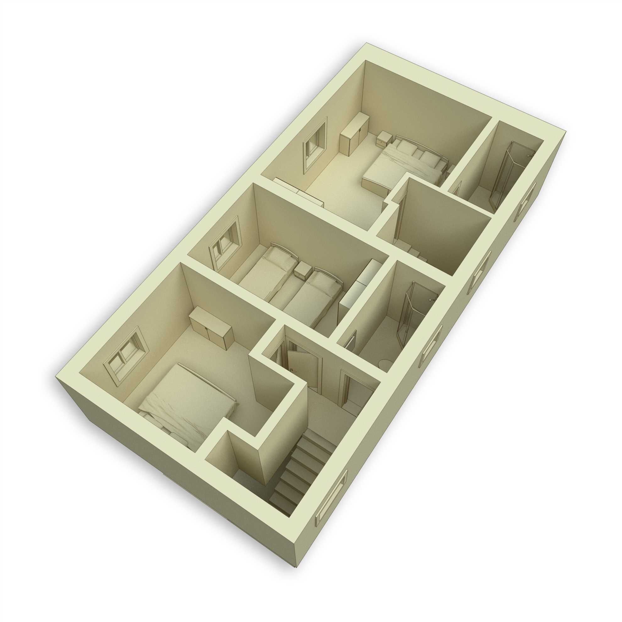 Een 3D-model van een hotelkamerindeling met een bed, een bureau, een stoel en een badkamer.