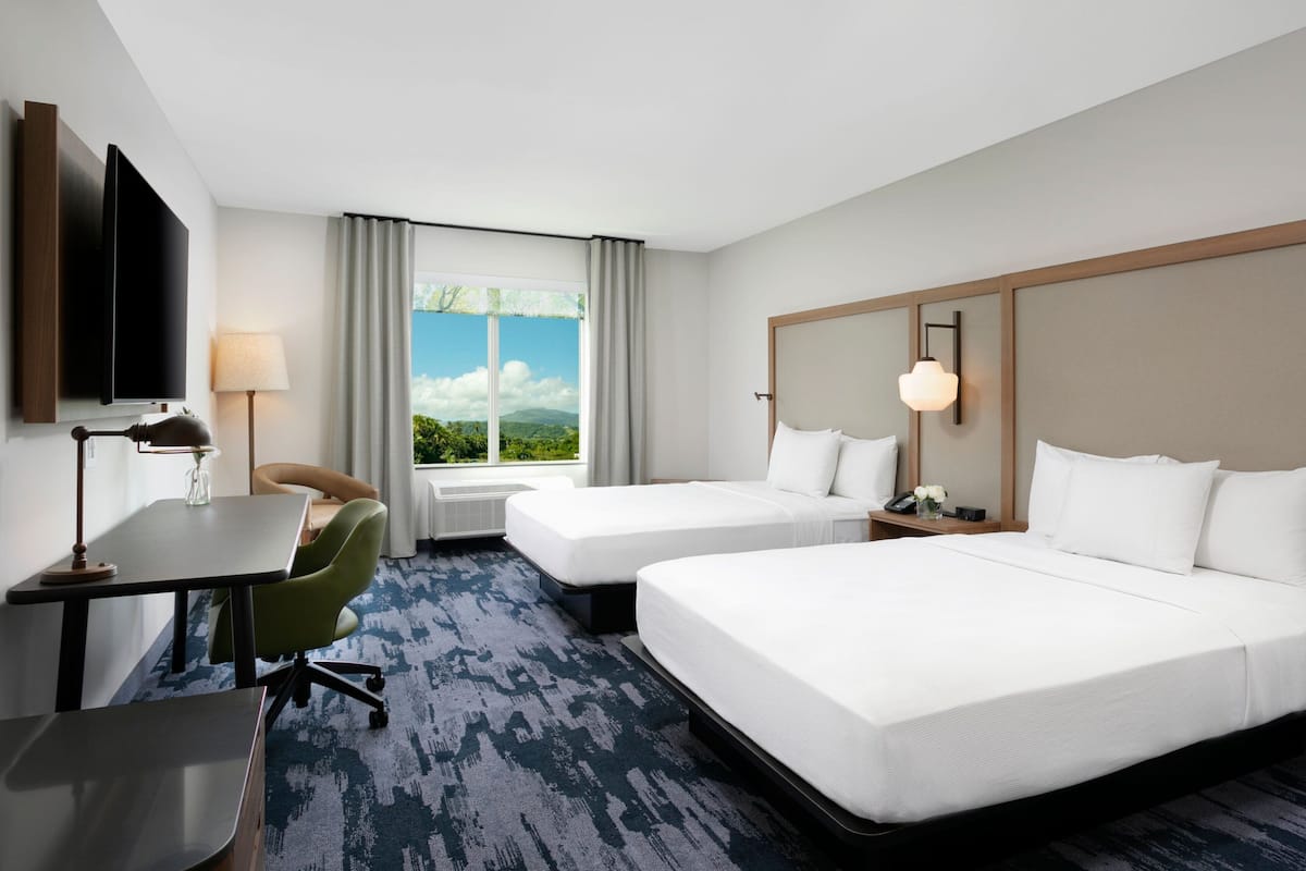 A hotel room with two beds, a desk with a chair, a TV, and a window with a view of greenery.