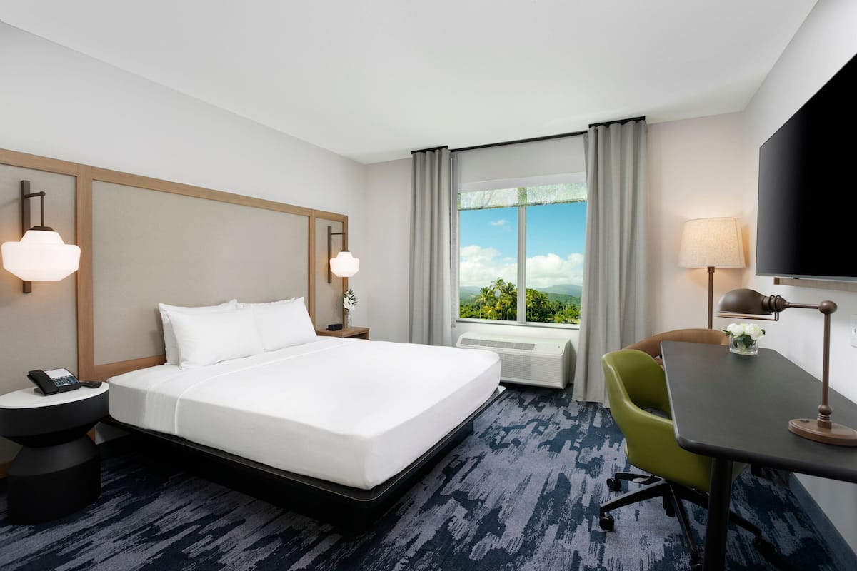 A hotel room with a large bed, a desk with a chair, a flat-screen TV, a telephone, and a window with a view of the outdoors.