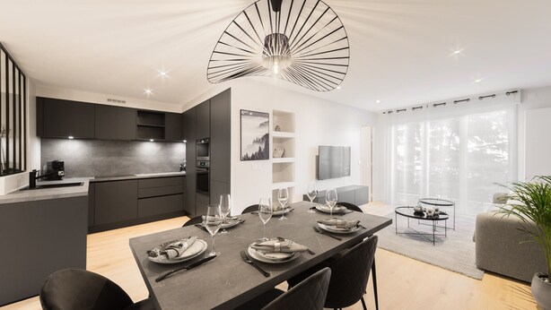 A modern kitchen with dark cabinetry, a dining area with a large table set for four, and a living area with a sofa and a plant.