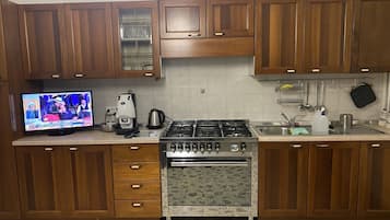 Fridge, oven, electric kettle, cookware/dishes/utensils