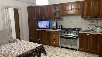 Fridge, oven, electric kettle, cookware/dishes/utensils