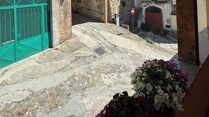 A stone archway leading to a courtyard with a green gate, a flower bed, and buildings with balconies and signage.
