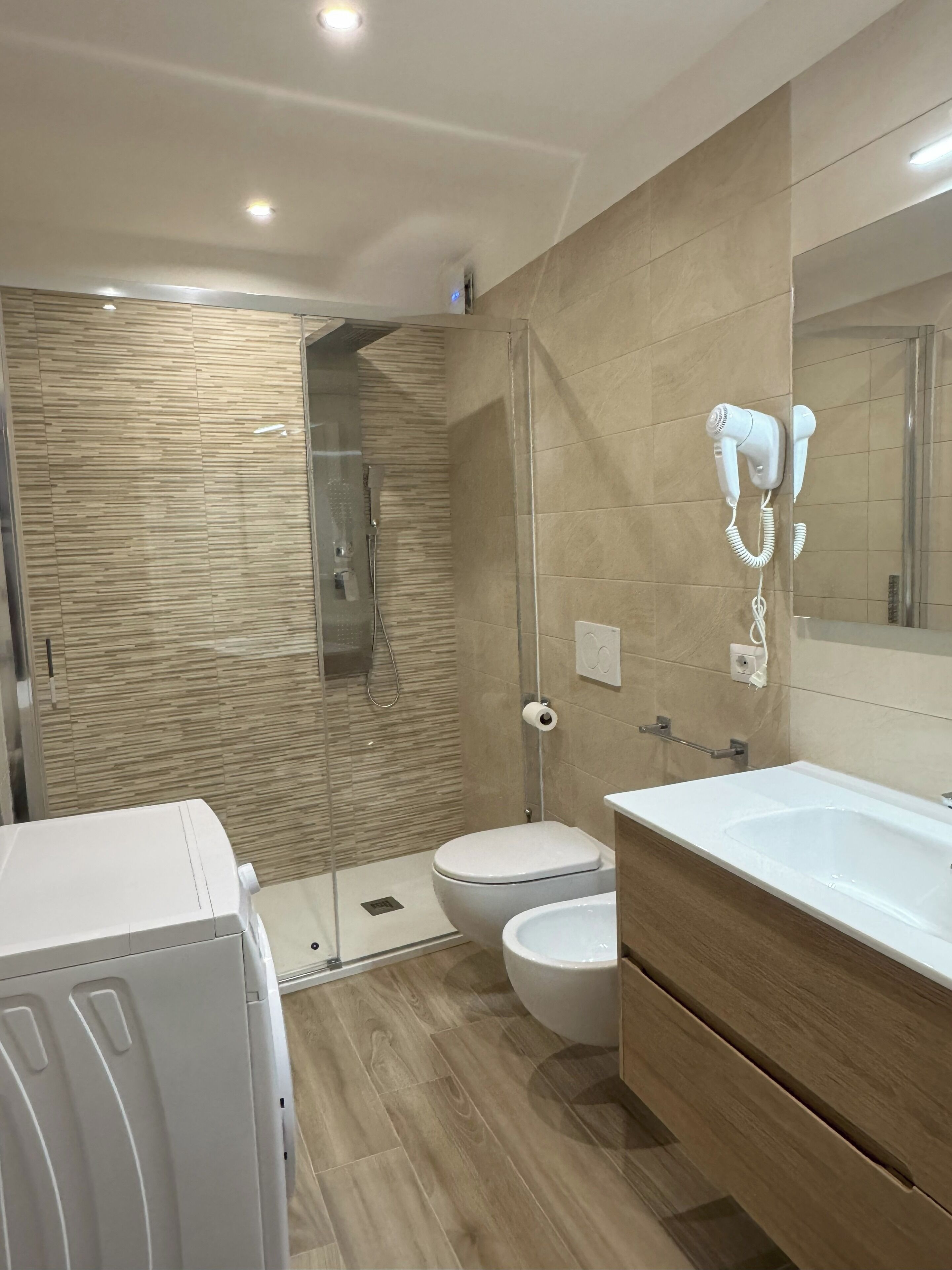 Secadora de cabello, toallas, jabón, papel de baño 