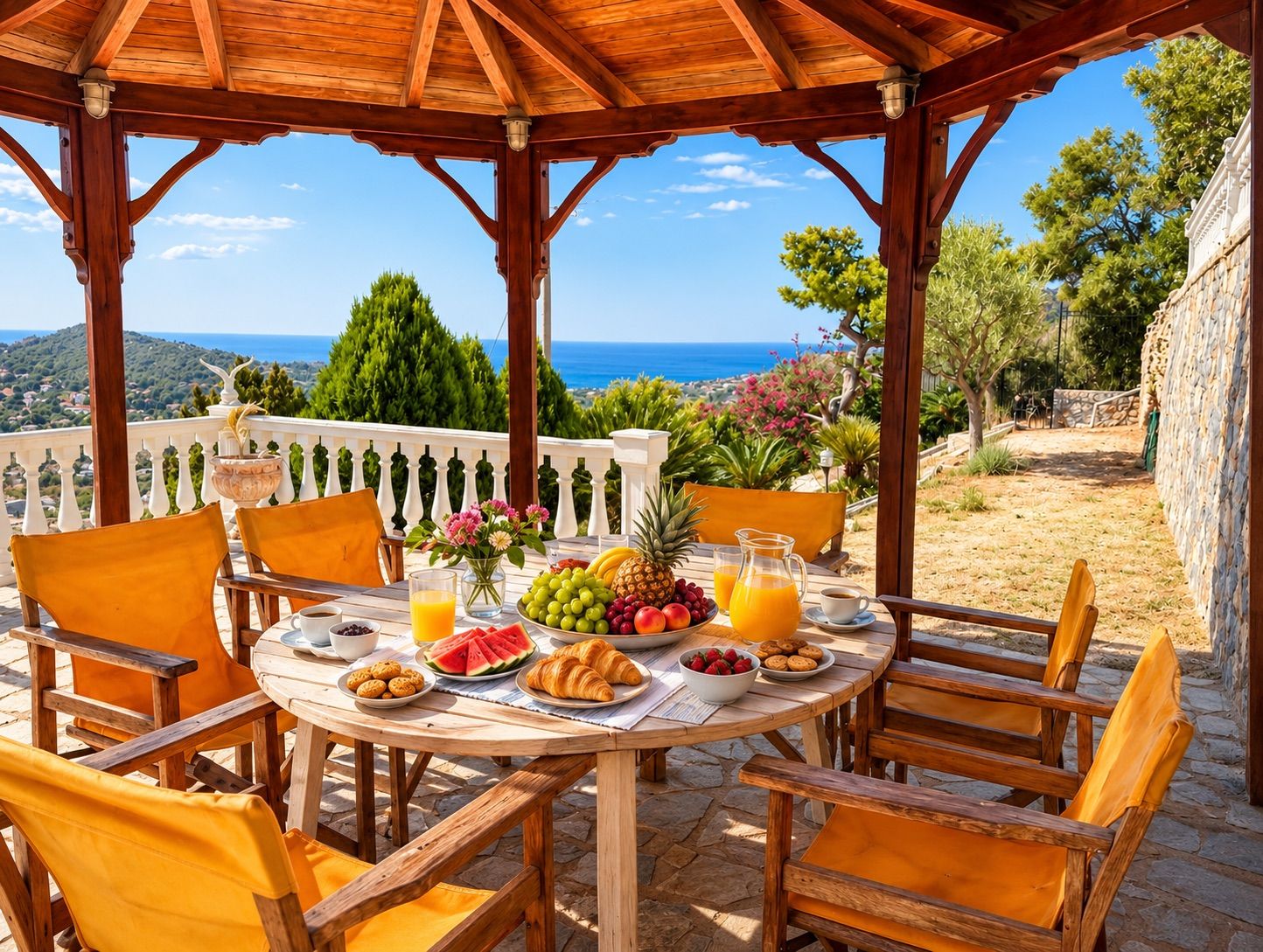 A wooden table set for breakfast with a view of the sea, surrounded by chairs and a white railing.