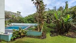 A swimming pool surrounded by lush greenery and palm trees.