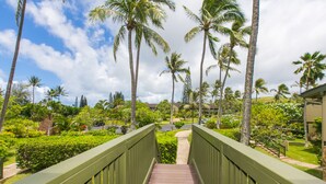 A wooden bridge leading to a lush garden with palm trees and a clear sky.