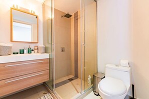Shower, hair dryer, towels, shampoo