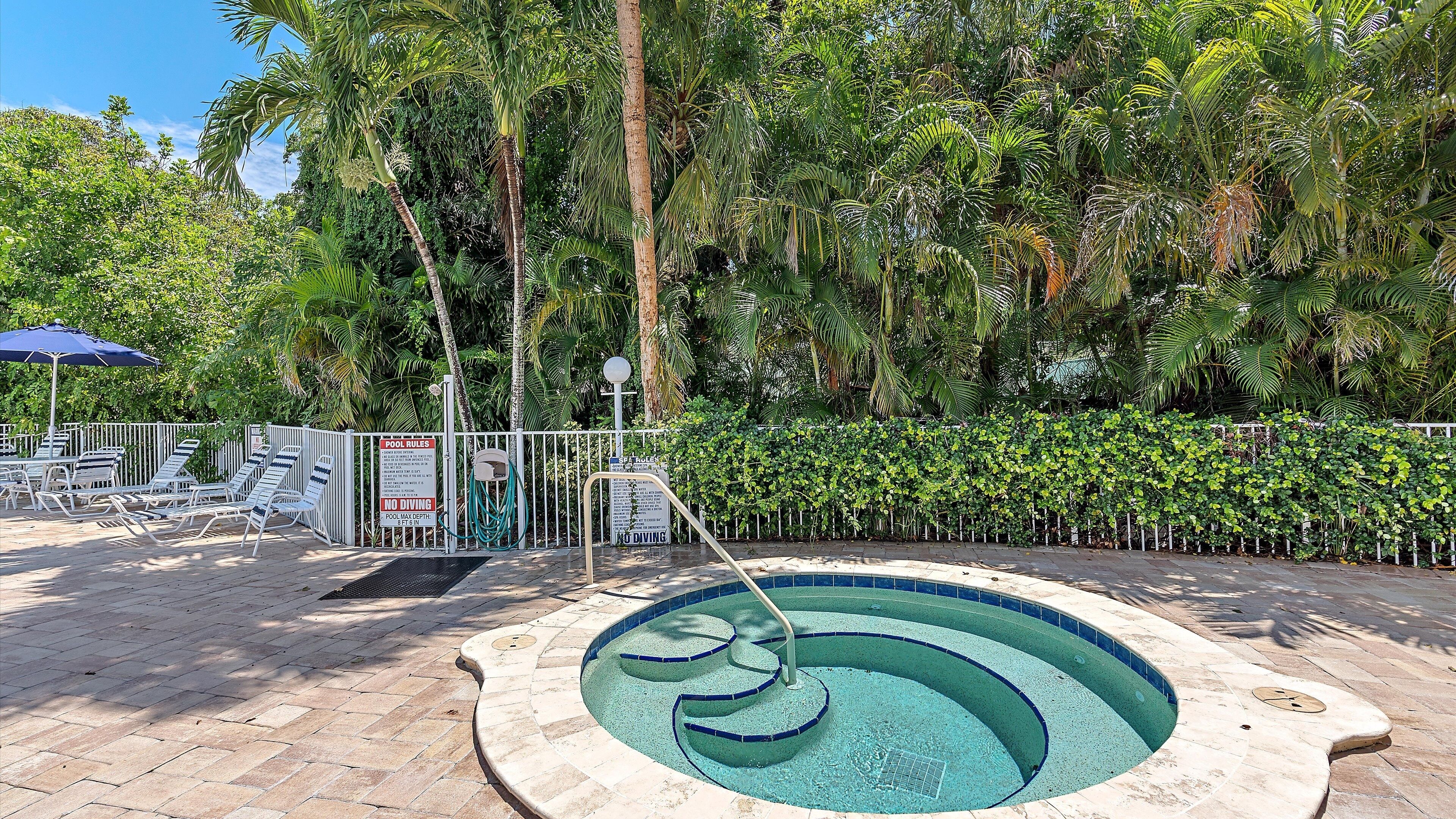 Una piscina con trampolino, circondata da palme e da una recinzione.
