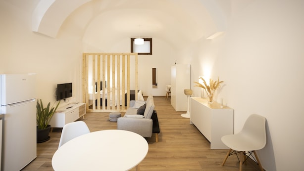 A modern, open-plan living space with a kitchen, dining area, and seating area. - Domus 47 Pompei (Pompei)