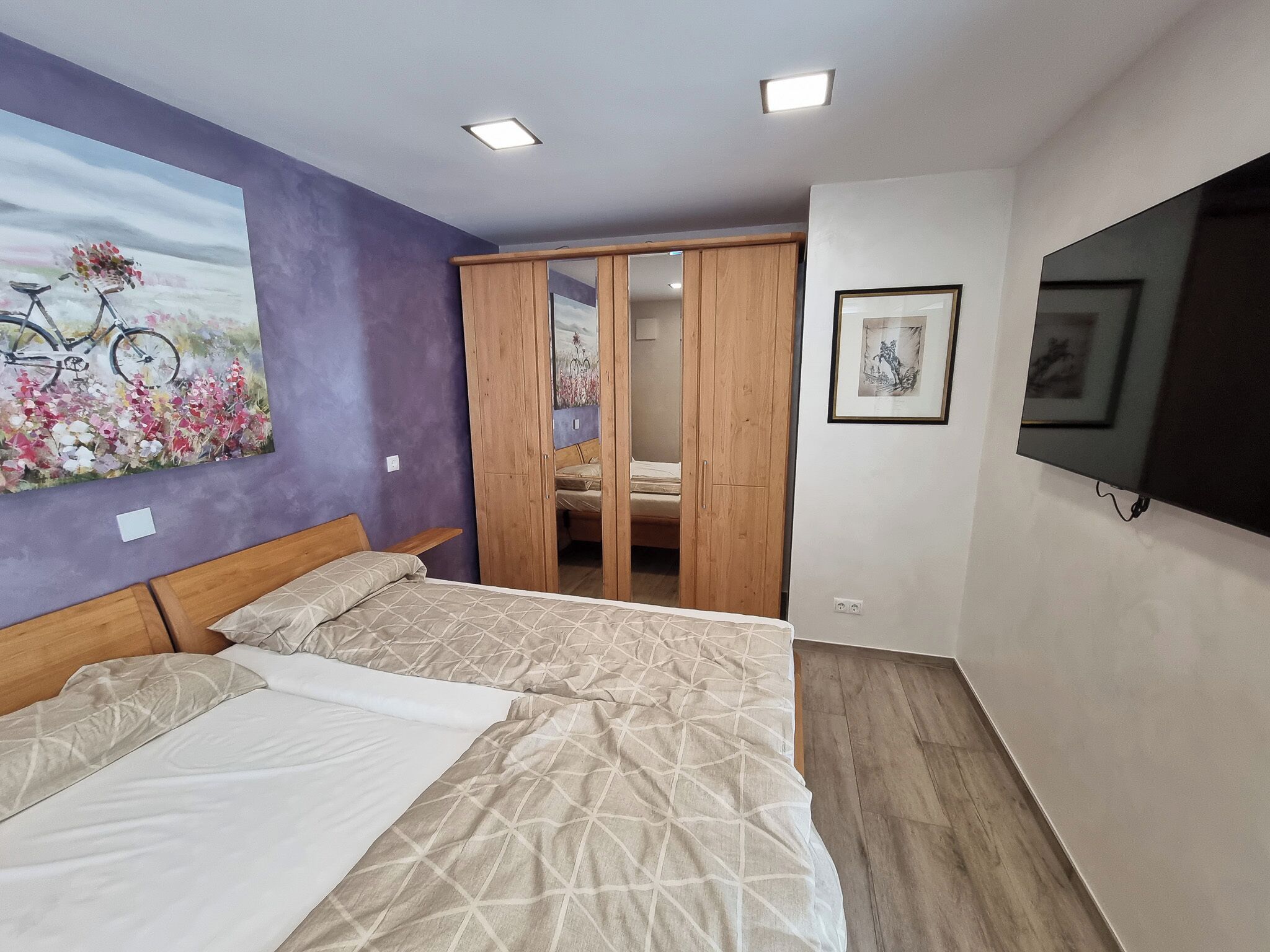 Een slaapkamer met een bed, een kledingkast, een schilderij en een televisie.