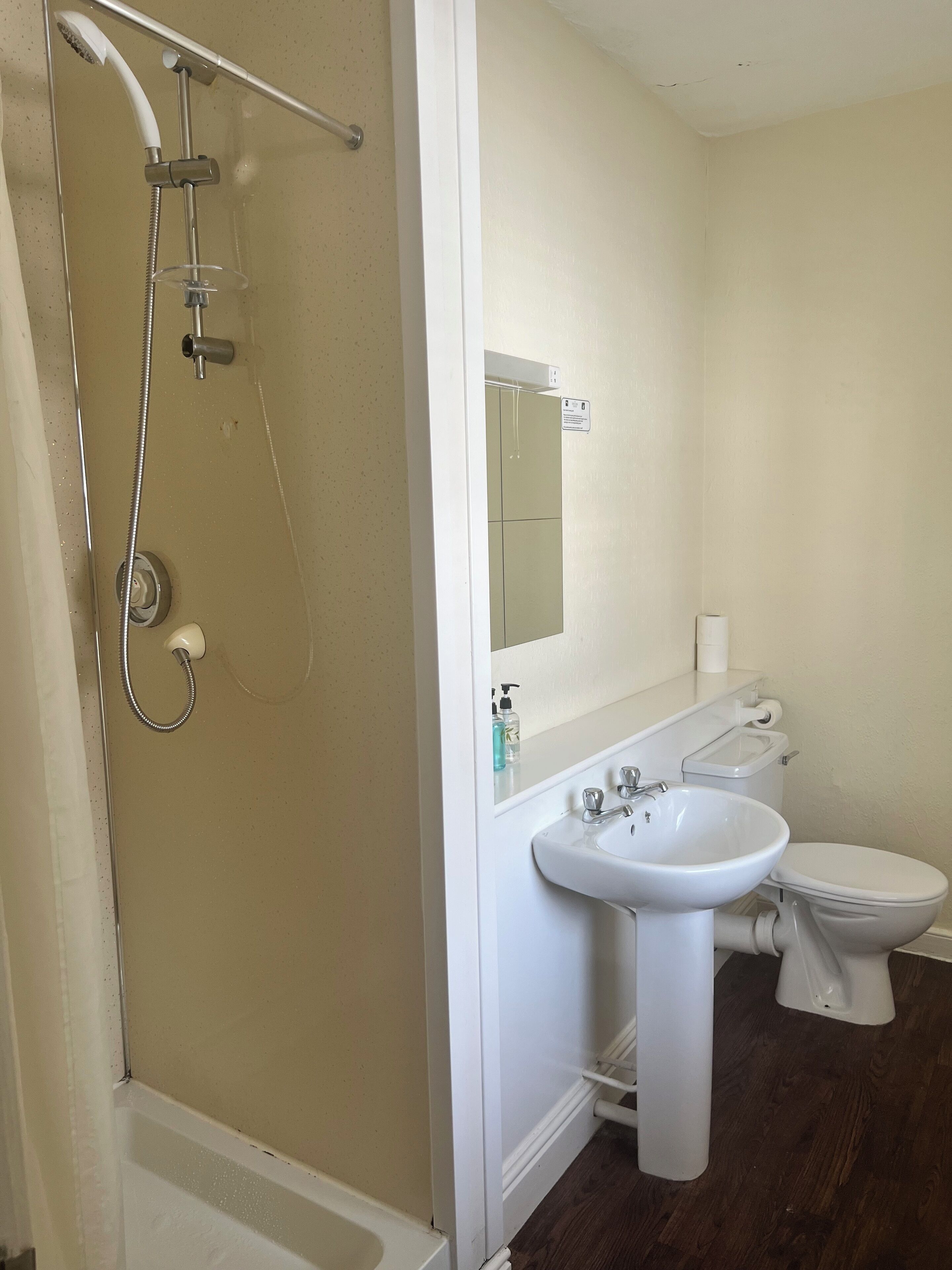 A bathroom with a shower, toilet, and sink.