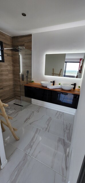 Hair dryer, towels, soap, toilet paper