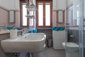 Shower, hair dryer, bidet, towels