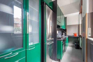 Fridge, oven, stovetop, cookware/dishes/utensils