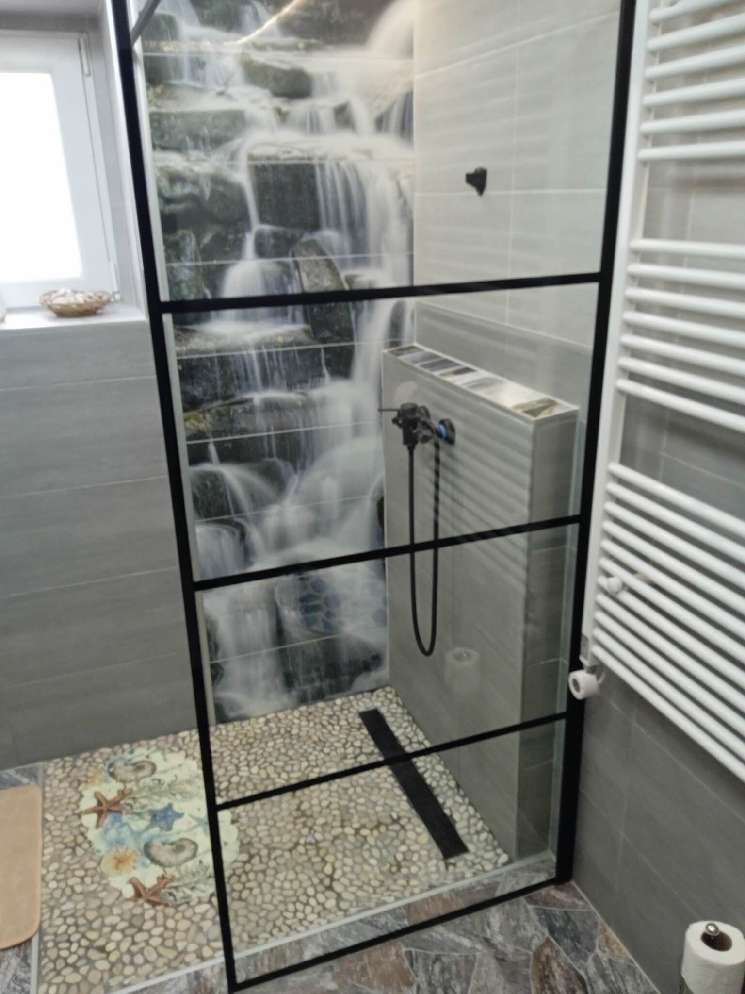 Shower, hair dryer, towels, toilet paper