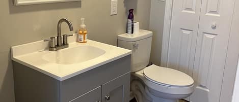 Hair dryer, towels, soap, shampoo
