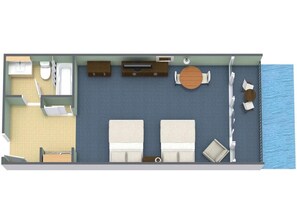A room layout with a bed, a desk, a chair, a small table, and a window overlooking the sea.