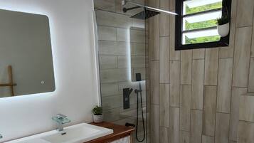 Hair dryer, towels, soap, shampoo