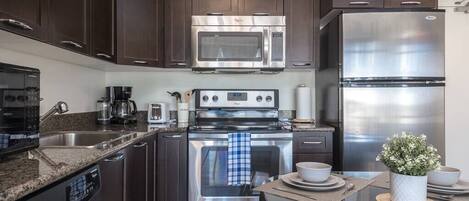 Fridge, microwave, oven, stovetop